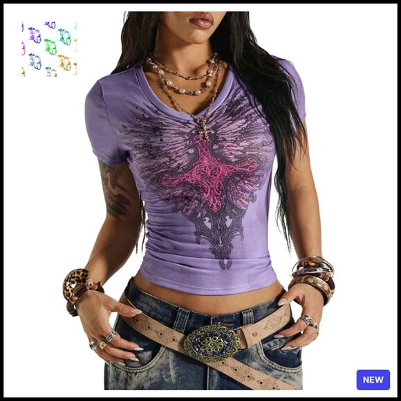 Y2K Gothic Graphic Tee V Neck Short Sleeve Slim Fit Streetwear Summer Top - Picture 1 of 6